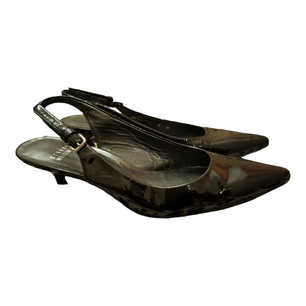 STUART WEITZMAN‎ - Black Patent Pointy Toe Kitten Heel Slingback Shoe - Size 6